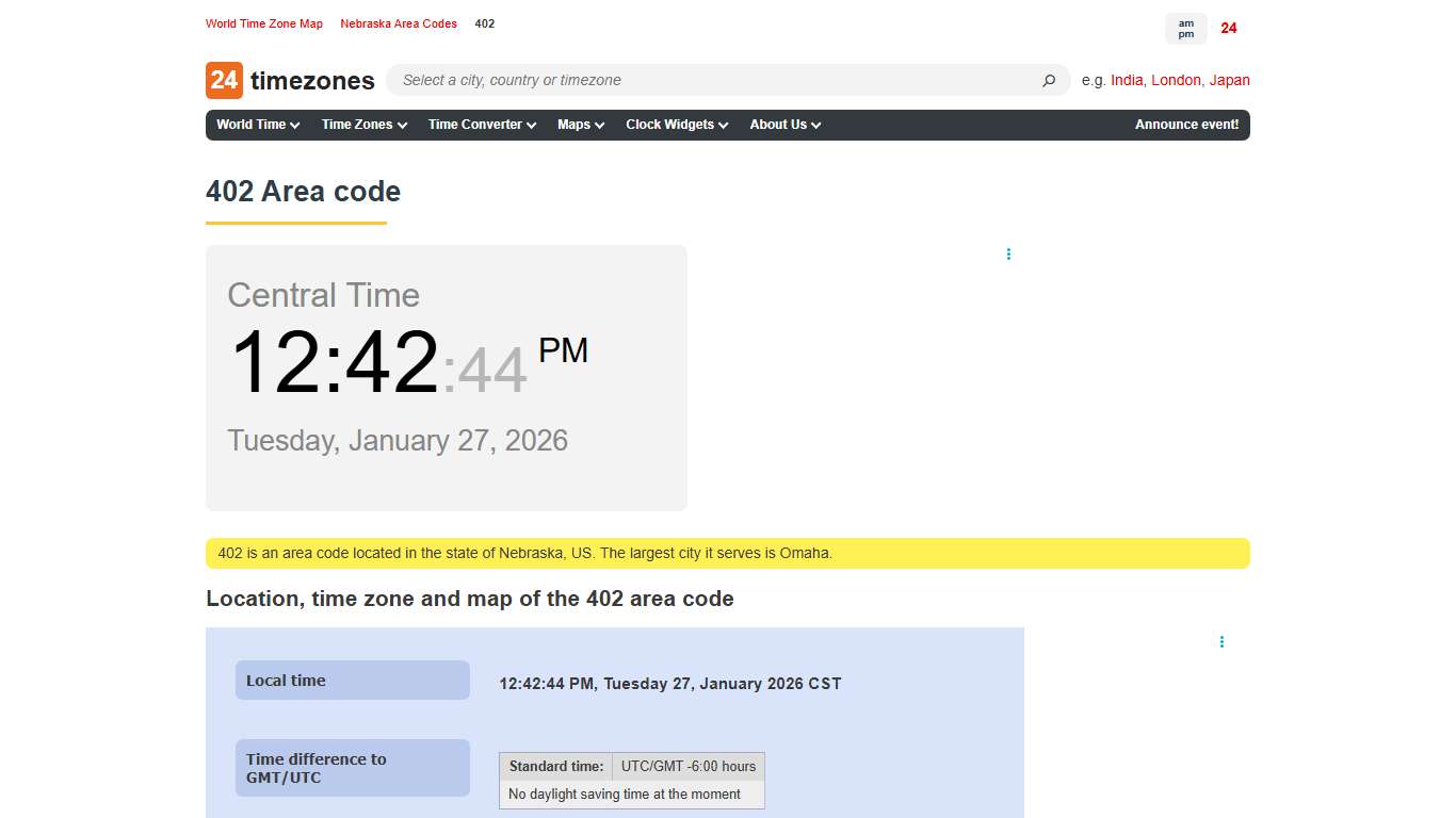 402 area code — information, time zone, map